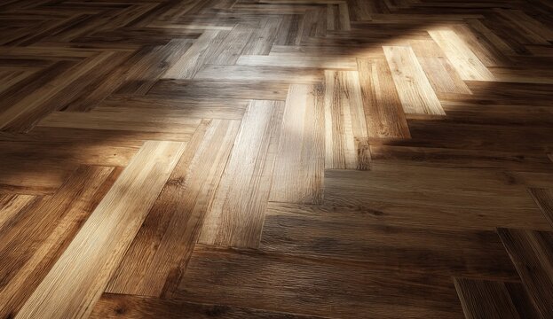 Warm, sunlit parquet floor with rich wood grain and dramatic light and shadow