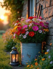 Obraz premium Bucket with colorful wildflowers sits near rustic wall at sunset. A lit lantern rests beside it in a country garden. Soft evening light illuminates the scene.