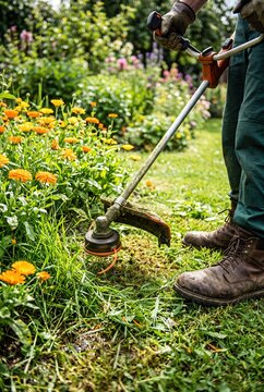 Gardener trimming grass with string trimmer near colorful garden flowers