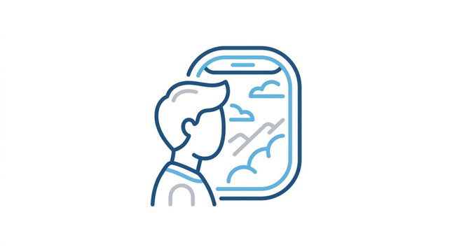 Man looking out airplane window at clouds and mountains.