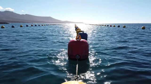 Drone perspective of a line of buoys marking a channel in a calm ocean with distant mountains under a bright sunny sky