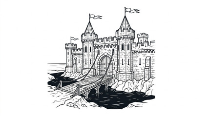 Medieval Castle Fortress with Drawbridge and Flags. © Franky