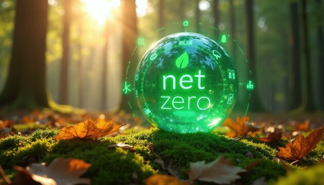 Green glowing sphere with net zero text in forest. Digital icons surround globe on mossy ground with autumn leaves. Sunlight filters through trees creating soft focus background.