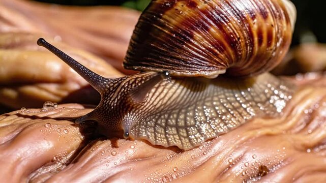Close up view of a snail exploring a wet, textured surface, showcasing its detailed features and natural environment