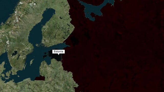 Satellite map animation of the border between Estonia and Russia highlighting the Baltic states and Eastern European geopolitics for global news