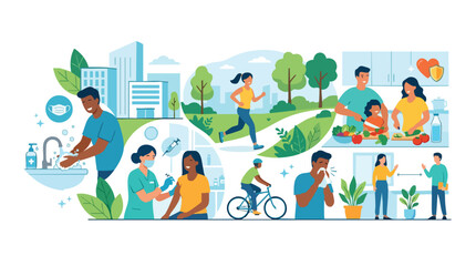 Fototapeta premium People practicing disease prevention methods in a vibrant city park with green spaces and trees, hantavirus vector