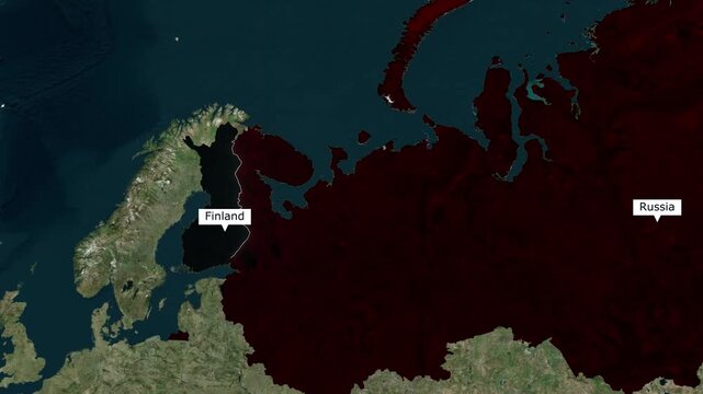 Satellite map animation illustrating the extensive border between Finland and Russia focusing on Nordic security and European geopolitics for global news broadcast