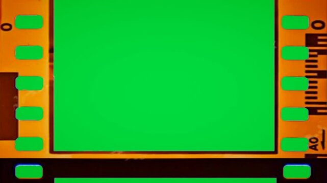 Bright green screen chroma key background surrounded by a realistic moving vintage film roll track abstract cinematic background video editing motion graphics footages clip assets footage.