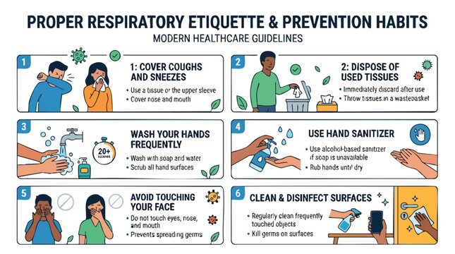 Infographic illustrating proper respiratory etiquette and prevention habits with modern healthcare guidelines