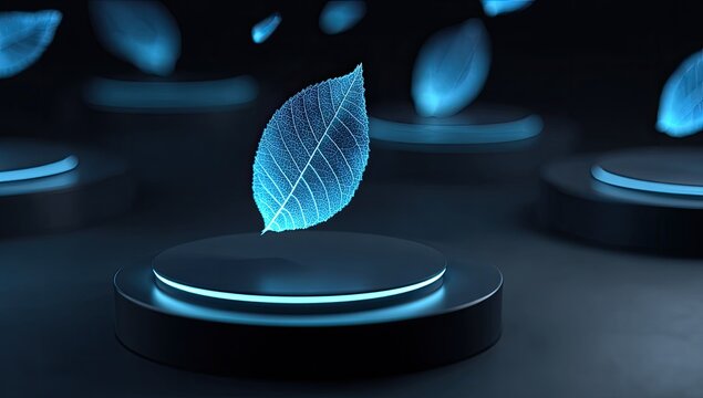 Glowing blue leaves float above dark circular pedestals in dark
