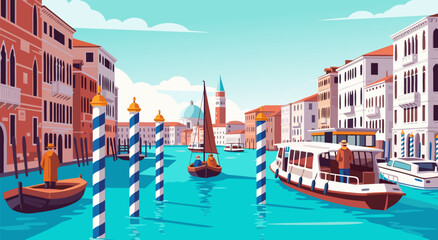 A classic vector illustration of Venice canal with boats and historic buildings, European travel destination © PDWN Creative
