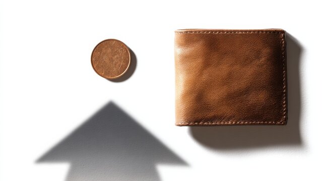 A brown leather wallet sits next to a single coin, casting a long arrow-shaped shadow that points upwards, symbolizing financial growth and opportunity