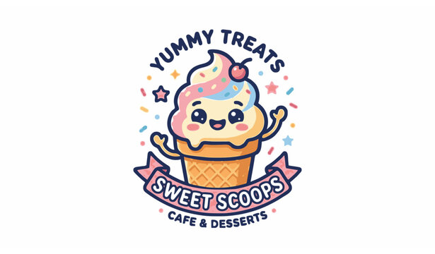 Cute ice cream mascot logo vector graphic for cafe branding and dessert shop identity with smiling character illustration on white background