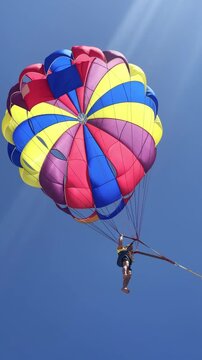 Colorful parasailing adventure with tourist man landing on beach against a clear blue sky during summer vacation, vertical video