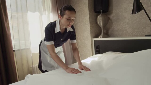Caucasian young adult housekeeper making bed in hotel room, spreading sheet and smoothing wrinkles. Ideal for hospitality marketing, hotel service promotion or housekeeping training, tilt down