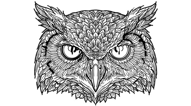 Detailed black and white illustration of an owl head with intricate feather patterns