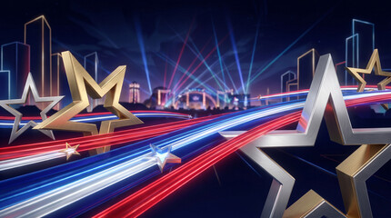 Fototapeta premium Glowing star symbols, cityscape background, light trails, patriotic colors, night scene