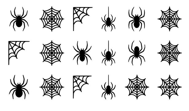 Black Spider and Spider Web Silhouette Vector Set