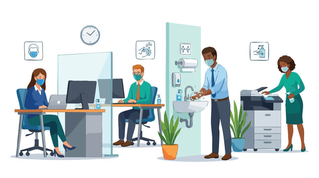 Office workers wearing face masks practicing disease prevention with hantavirus vector infection control measures