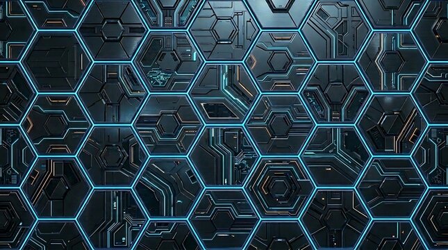 Hexagonal digital network background with glowing blue circuit lines and futuristic technology pattern
