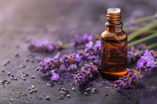 Apothecary glass bottles with herbal essential oil and dried lavender flowers