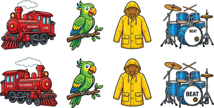 Vibrant vector sticker illustration set featuring vintage red steam train locomotive, cute green parrot bird, yellow hooded raincoat jacket, and blue musical drum kit set,