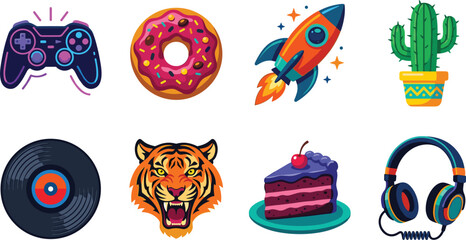 Vibrant vector sticker illustration set featuring gamepad controller, pink donut, rocket spaceship, potted cactus, vinyl record, wild tiger, cake slice, wired audio headphones, © EdGe Creative