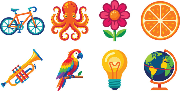 Vibrant vector sticker illustration set featuring sports bicycle, orange octopus, pink flower, citrus orange slice, musical trumpet, scarlet macaw parrot, lightbulb, earth globe map graphic elements,