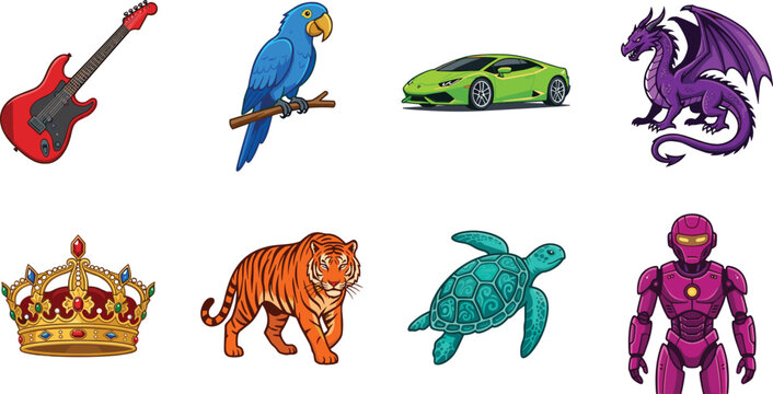 Colorful vector sticker set featuring red electric guitar, blue parrot, green sports car, purple dragon, royal gold crown, wild tiger, sea turtle, magenta robot elements,