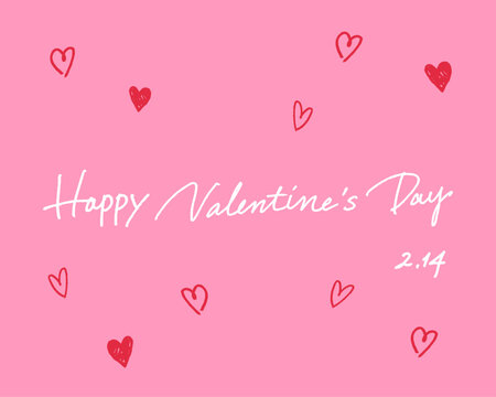 手書きの「Happy Valentine's Day」カリグラフィ文字素材。ピンク色の背景にハートを散らした白文字のおしゃれな英語ロゴデザイン