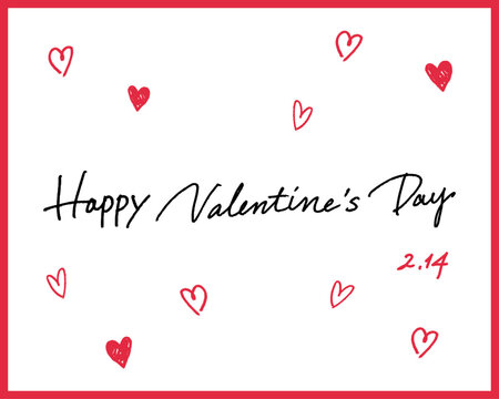 手書きの「Happy Valentine's Day」カリグラフィ文字素材。白背景にハートを散らした黒と赤のおしゃれな英語ロゴデザイン