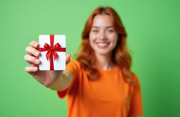 Obraz premium Smiling young woman holds gift card with red bow in hand. Female customer shows present voucher for shopping or sale. Woman happy about surprise gift, good offer, discount.