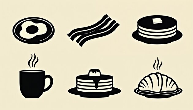 Icons of breakfast foods. Fried egg, bacon strips, pancakes, coffee cup, syrup pancakes, and croissant. Simple graphic art for food menus or culinary themes. Morning meal icons.