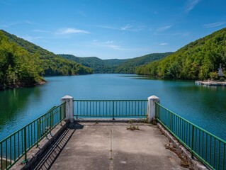 Fototapeta premium Expansive lake views from a concrete platform with a green railing