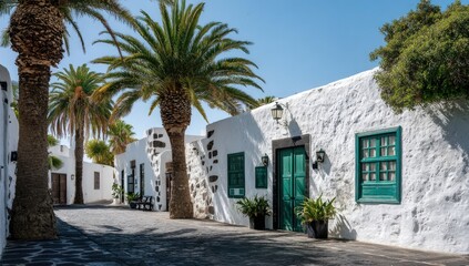 Fototapeta premium White stucco buildings with green shutters and palm trees line a cobblestone path