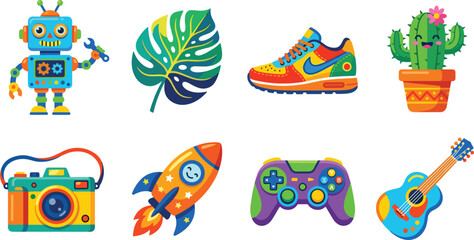 Colorful flat design vector sticker set featuring robot, monstera leaf, sneaker shoe, cute cactus, photo camera, rocket spaceship, gamepad controller, acoustic guitar for youth graphics, © EdGe Creative
