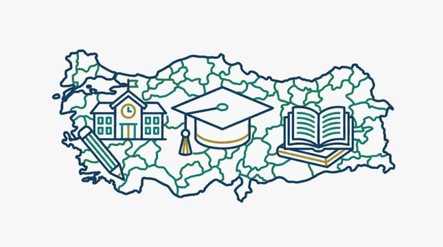 Education concept on Turkey map with school building graduation cap and books.