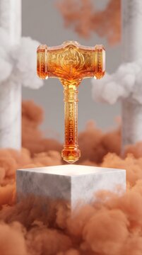 Celestial Relic Volcanic Gold Crystal Hephaestus Golden Hammer Of Olympus Levitating Above Marble Pedestal