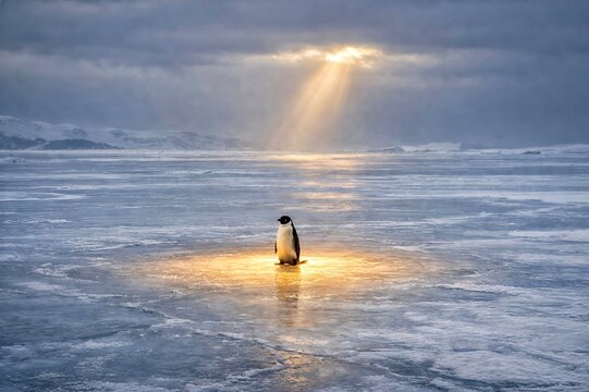 Penguin Standing in a Single Sunlit Spot on Ice