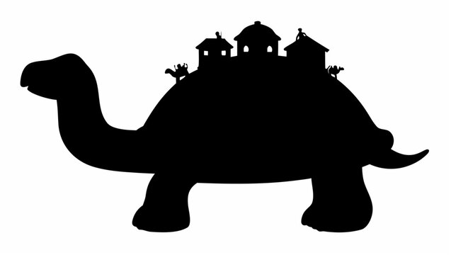 Giant tortoise silhouette with a caravan of houses on its back vector illustration fantasy creature surreal landscape