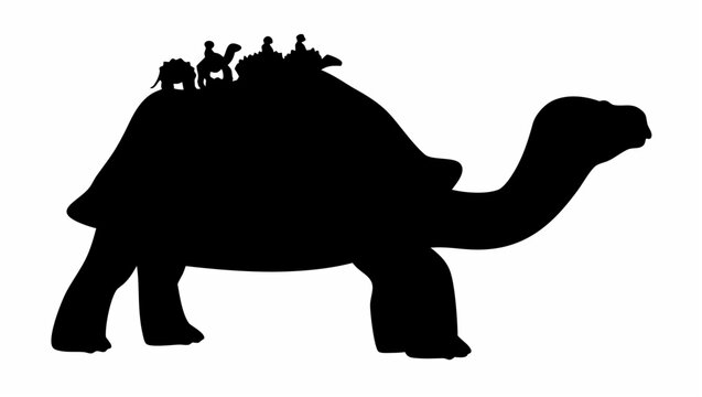 Giant tortoise silhouette with people on back walking slowly in a line on white background for travel and wildlife concepts