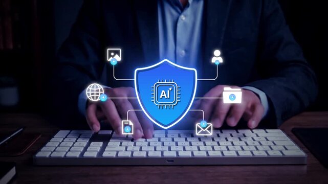 AI Cybersecurity and Data Privacy Protection Concept. laptop with virtual shield icons representing data privacy and digital protection, capturing modern technology use in secure internet environments