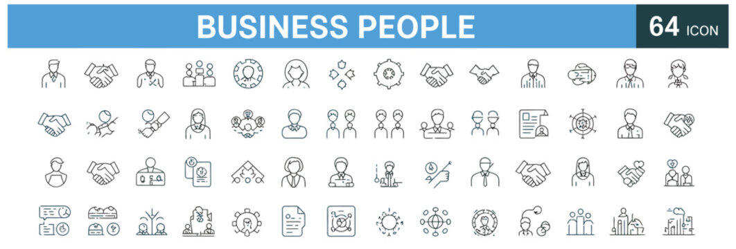 Corporate business people and professional team management line icon set for design