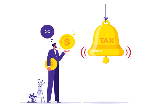 Individual income tax payment notification concept, revenue calculation for withholding tax, reminder from government, shaking bell with engraved word TAX to notify businessman