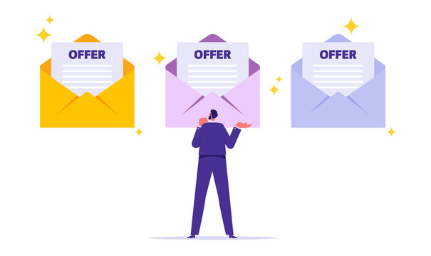 Job offer or job opportunity to be promoted or new position for higher salary, businessman standing in front of envelope and the paper sheet with new job conditions