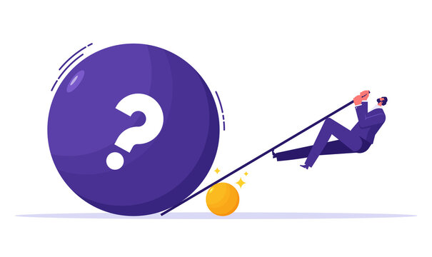 Knowledge changes power to solve problem concept, use the principle of leverage to move the huge spheres, businessmen holding lever trying to lift heavy weight by means of fulcrum