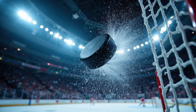 Hockey puck flies into net splash ice chips. Goal scored in stadium filled with cheering fans. Fast action sports game in arena under bright lights.