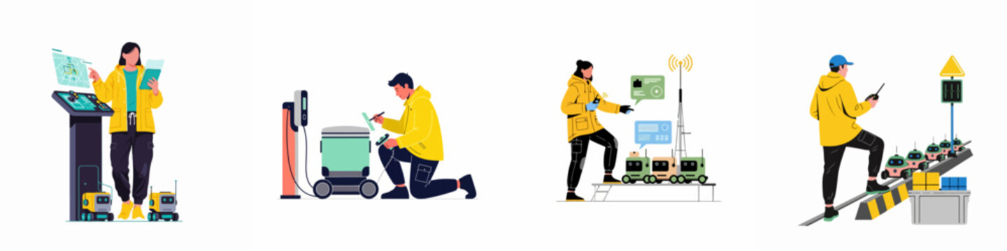 Set of illustrations depicting technicians and operators managing autonomous delivery robots for logistics, maintenance, and fleet supervision in various scenarios.