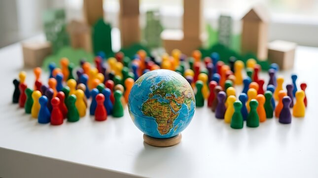 A small globe surrounded by many colorful wooden game pawns representing the global population and community