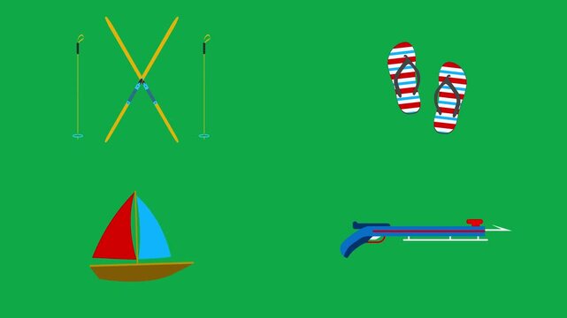 Ski Flop Sail Speargun animation on green screen chroma key background flat lighting no shadow flush edge isolated 3d clay model perfect compositing vfx asset high quality render animation video art